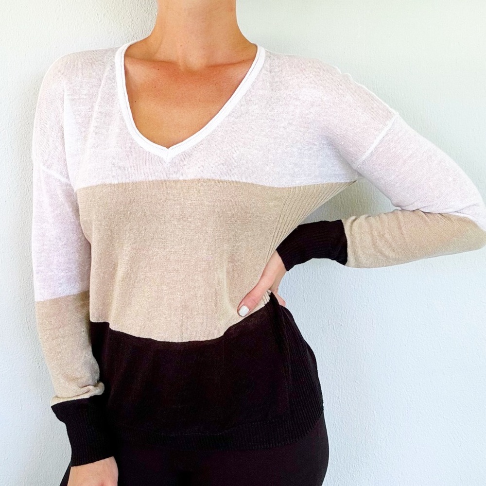 SWTR white black tan linen color block stripe v-neck lightweight sweater small